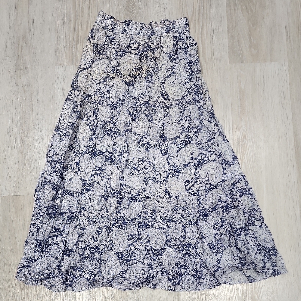 Margaret O'Leary Navy & White Paisley Tiered Maxi Skirt